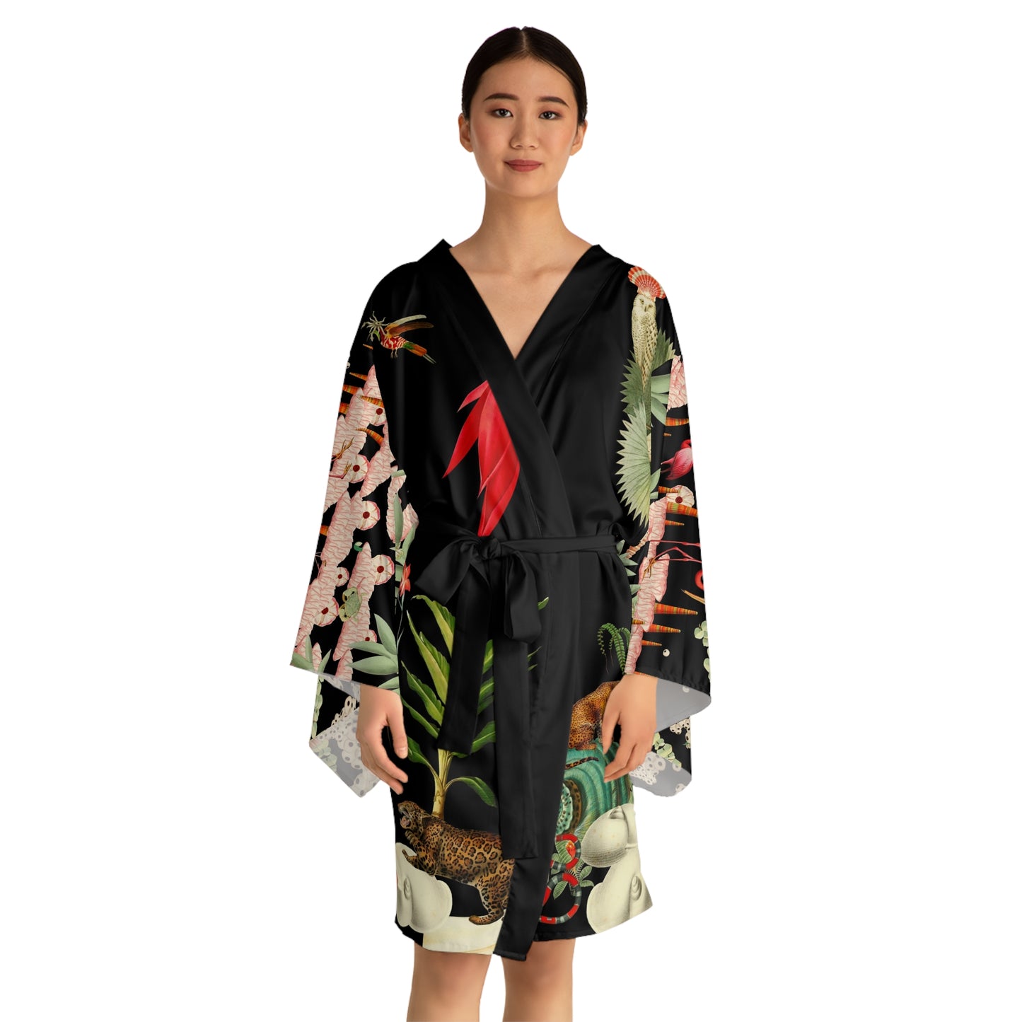 Long Sleeve Kimono Robe - Black Flamingos