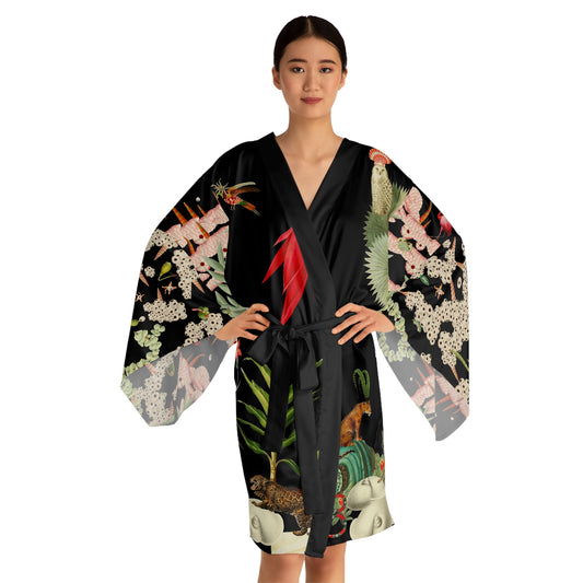 Long Sleeve Kimono Robe - Black Flamingos