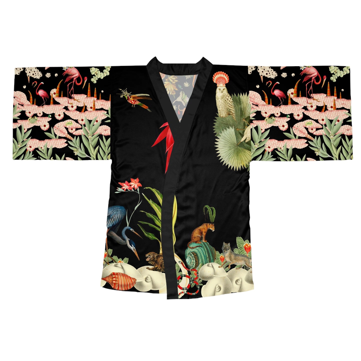 Long Sleeve Kimono Robe - Black Flamingos